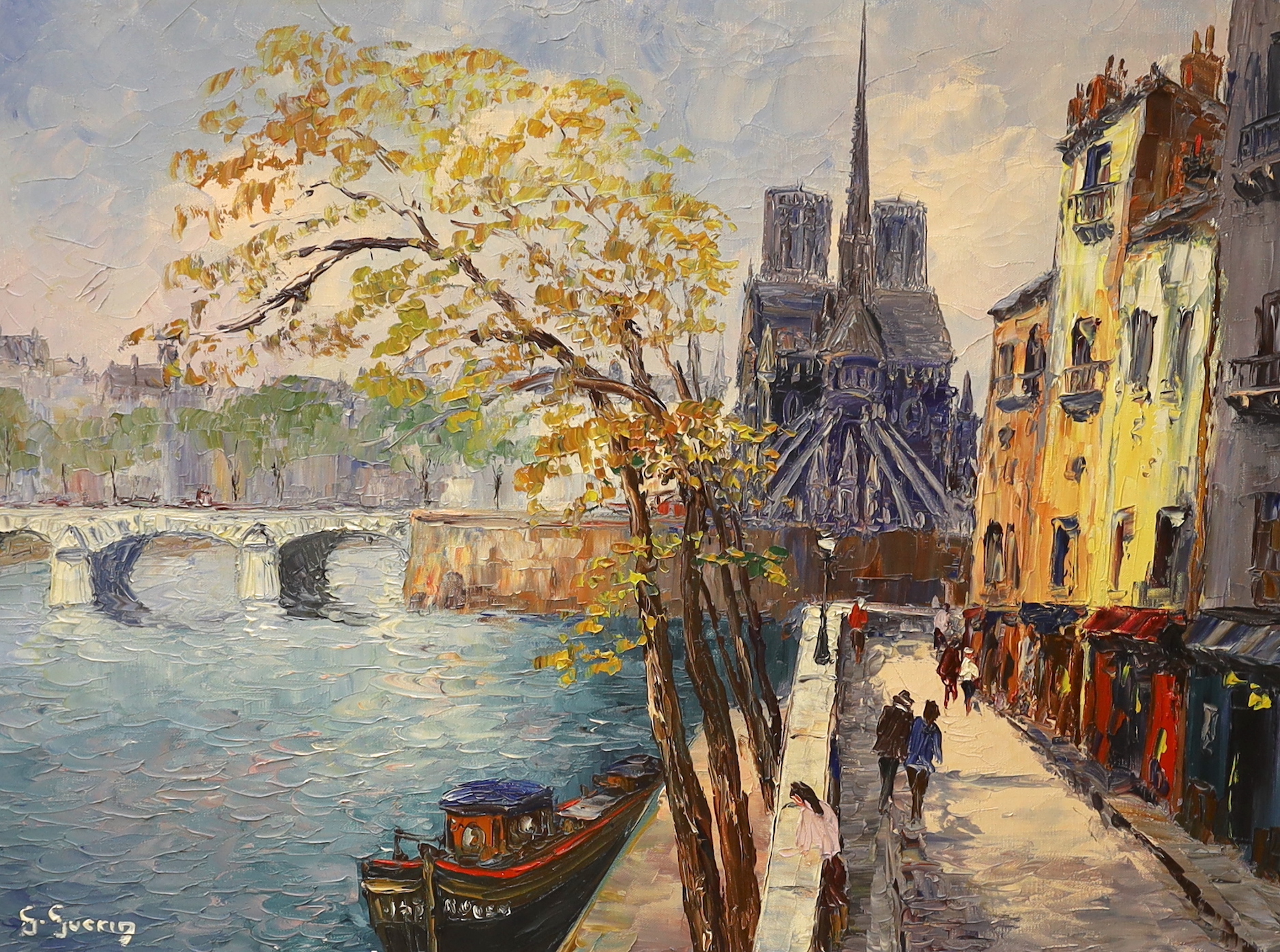 G. Guerig, impasto oil on canvas, Parisian riverside landscape, signed, 59 x 44cm